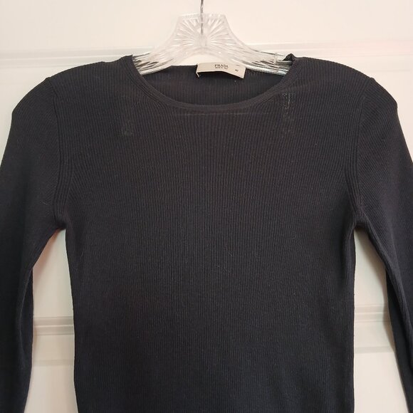 VTG PRADA Crew Neck Ribbed Knit Thin Classic Solid Blue Long Sleeve Top Shirt - Picture 3 of 6